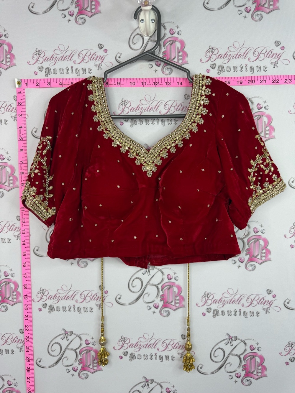 Crop beaded top Elegant Red Embellished Women's Blouse with Gold Detailing